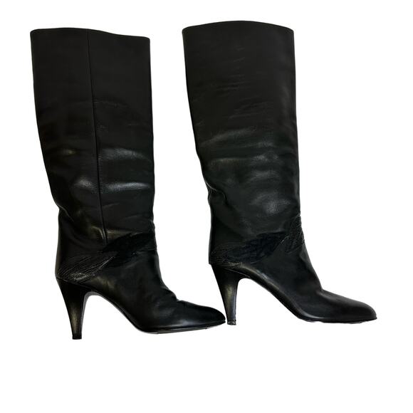Vintage Gloria Vanderbilt Leather Boots – Size 6– Black High Heel Knee Boots - Picture 1 of 10
